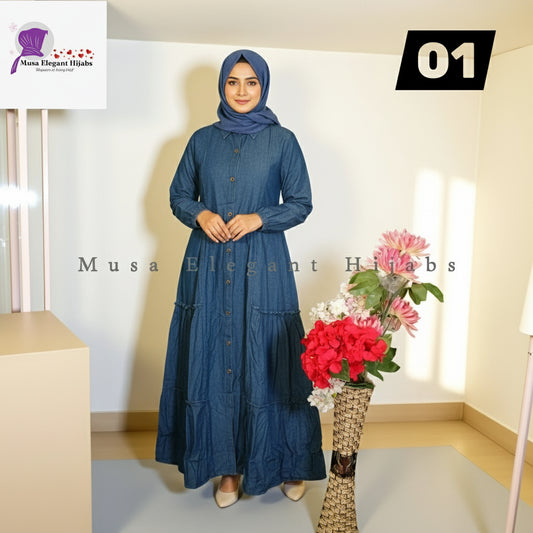 woman wearing dark blue jeans gown flaunting in style